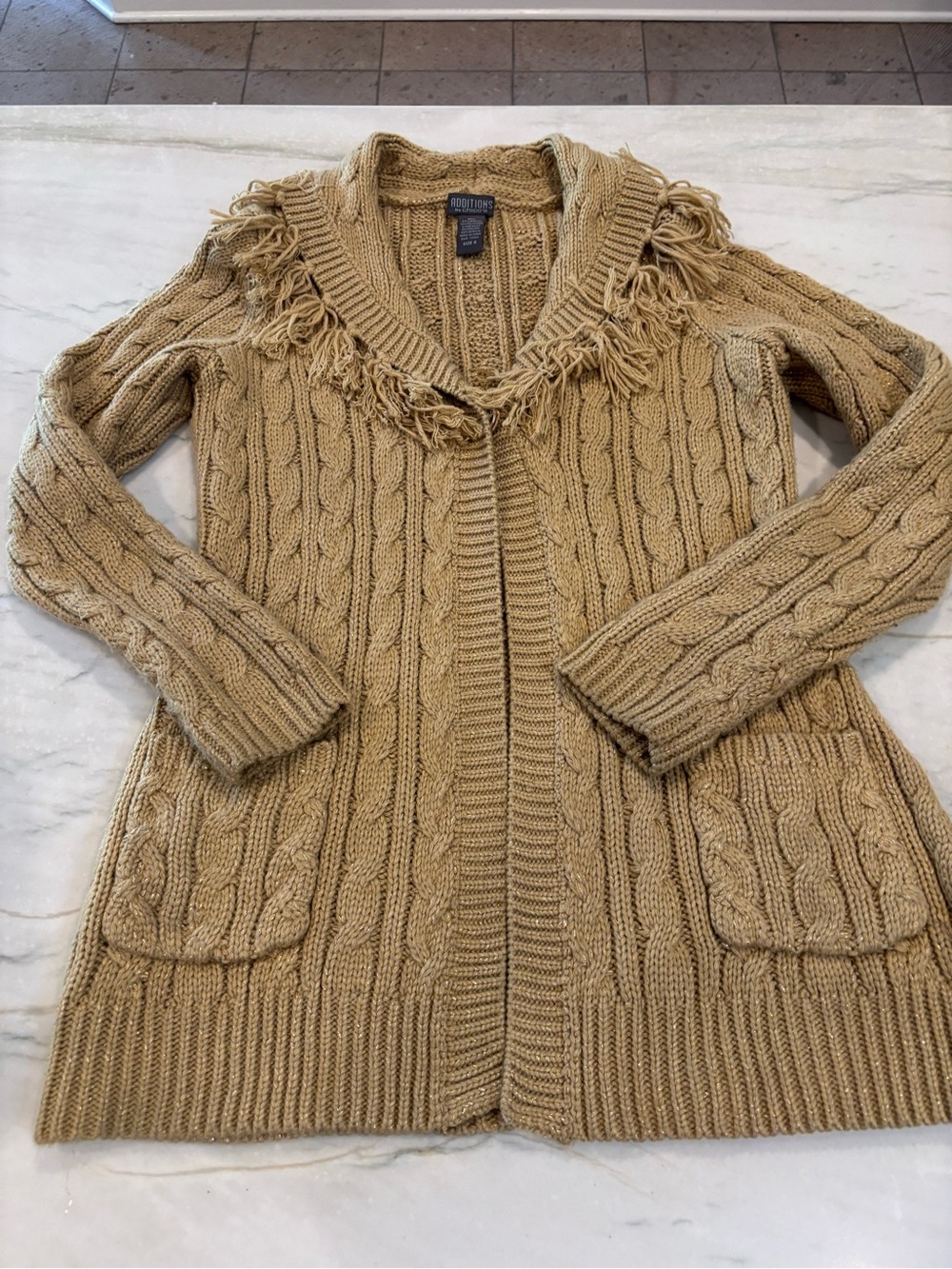 Additions by Chicos  Fringe Trim Cable Knit Open Cardigan - golden tan